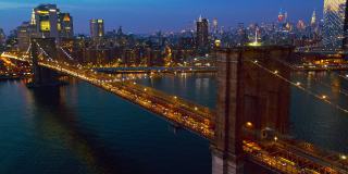 从布鲁克林大桥上鸟瞰曼哈顿的交通，以曼哈顿中城的天际线为背景，在夜晚被照亮。无人机视频与广泛的轨道摄像机运动。