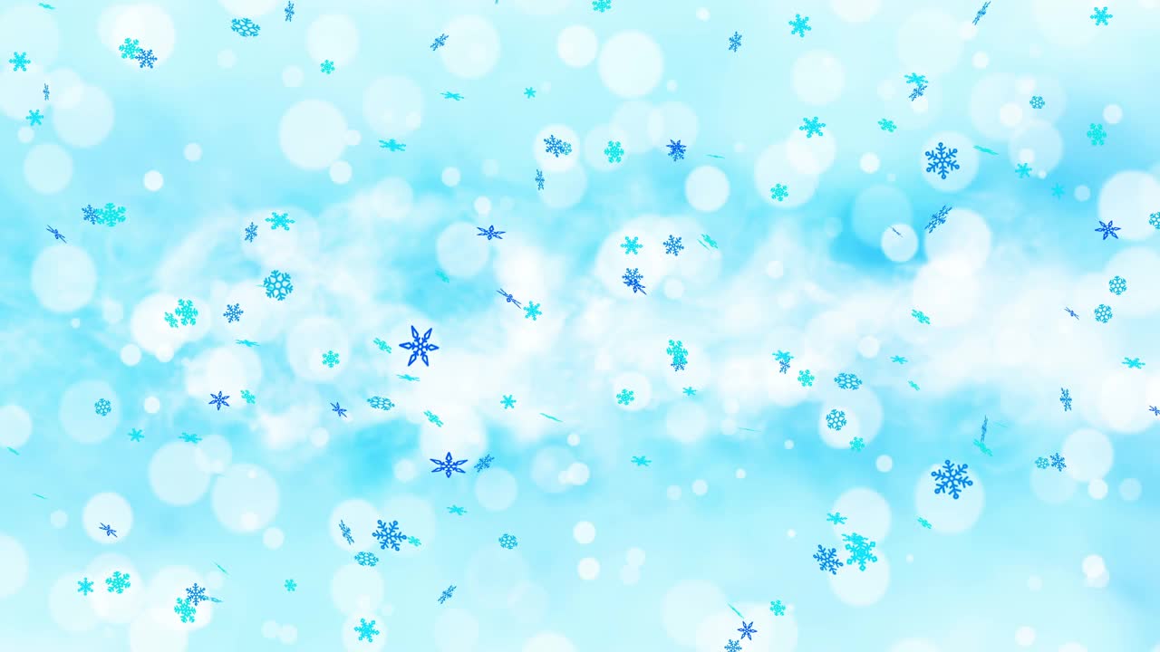 色彩鲜艳的雪晶体摆动在冬季背景与太阳耀斑。美丽的自然风景。说明冬天的雪花。循环动画。