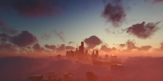 在落日余晖的映衬下，云朵之上的城市摩天大楼