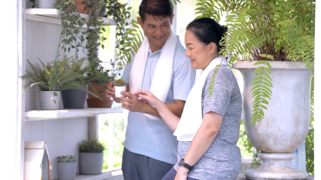 夫妇亚洲高级男人和女人检查树木植物在房子花园。近距离拍摄生活在亲生命空间和园艺花盆中的人们。老年人健康的生活方式。