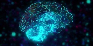 计算机生成的人工智能。在彩色模糊粒子背景下的数字大脑的3d渲染