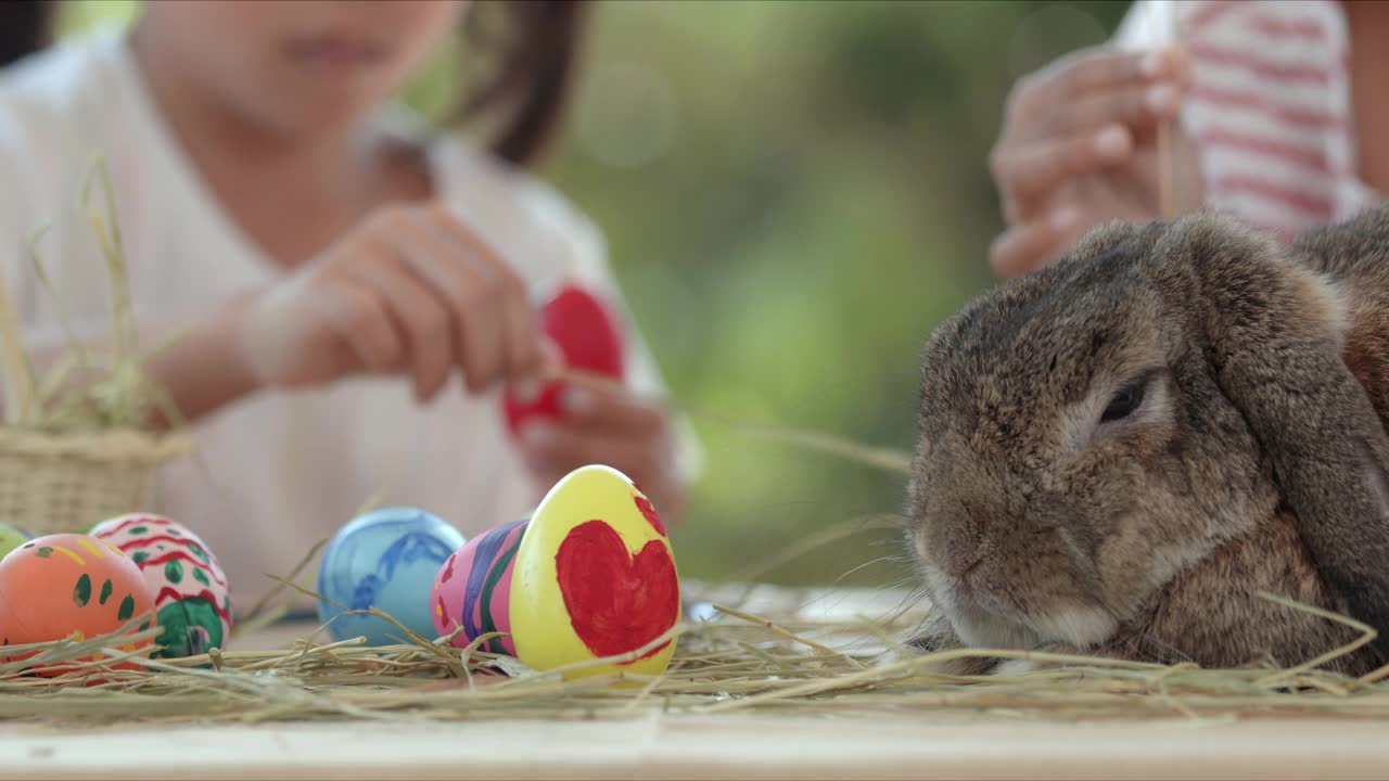 亚洲小女孩给复活节彩蛋上色时桌上的一只灰色兔子