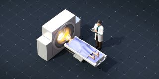 MRI扫描仪矢量图解医生和患者对医学MRI扫描检查。4 k。