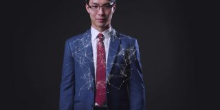 数字世界技术知识库大数据创新商业投资，亚洲商人控制管理人工智能计算机3D智慧城市全息图