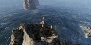 悬崖潜水员站在悬崖边，俯瞰大海
