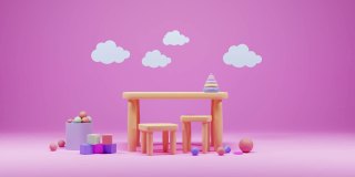 幼儿园或儿童房备有家具和婴儿玩具。现代娱乐室内部的乐趣游戏。卡通粉色背景与云，干水池，堆叠玩具或金字塔桌上。
