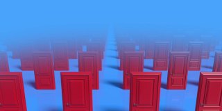 你的选择。蓝色背景下的一排排紧闭的红色木制门。选择，商业和成功的概念。欢迎,新机会。3d动画循环，4K