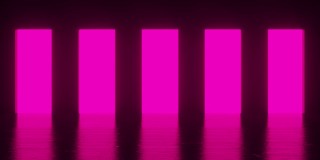一间黑暗的房间里，粉色的灯光从五道门里照出来。明亮的白光充满了整个空间。暗室里的亮光。正确的选择概念。3d动画循环4K