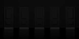 五门。一扇门通向一间黑暗的房间，通向明亮的光线。企业成长，前进的道路，前进的成就理念。3d动画循环4K
