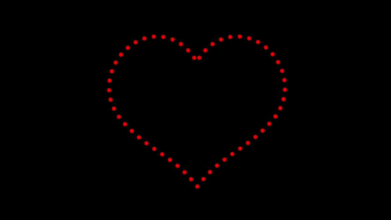 连续的红色圆圈画一个心形轮廓。在黑色的背景上。爱情、友谊、节日、婚礼的概念。情人节，七，烦恼。运动设计。空白,闪屏。行
