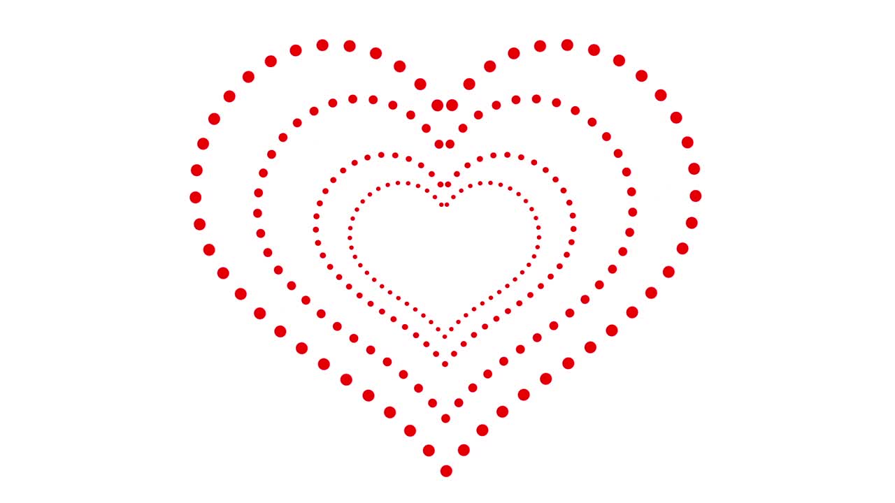 连续的红色圆圈勾勒出几个心形。在白色的背景上。爱情、友谊、节日、婚礼的概念。情人节，七，烦恼。运动设计。空白,闪屏。行