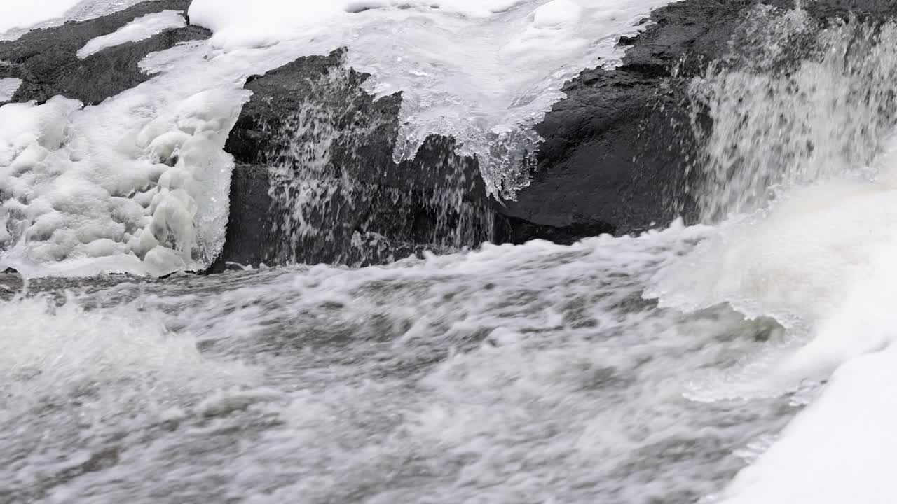 冬季河流自然景观，Kiamika河，劳伦提斯，魁北克，加拿大