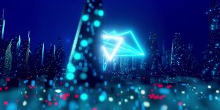 三维渲染赛博朋克城市夜景的运动平移场景与三角形几何霓虹灯。