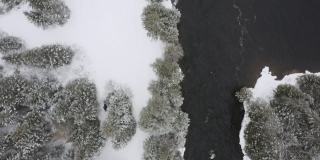 鸟瞰图的雪地摩托附近的河流在冬季，劳伦特，魁北克，加拿大