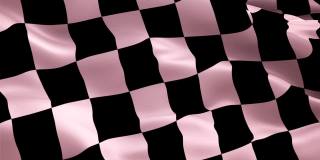 赛车粉红和黑色格子旗开始比赛在风中挥舞视频片段高清。现实的出租车终点线赛车背景。天空粉红色格子，格子，格子无缝图案的时装纺织品