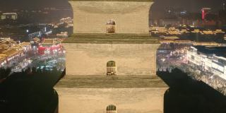 陕西西安大雁塔景区夜间鸟瞰图及城市天际线