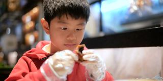 小男孩在吃烤乳鸽