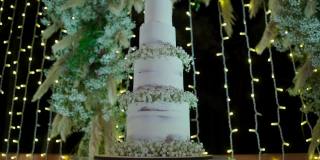 漂亮的婚礼蛋糕在桌子上装饰着灯光