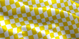 方格黄白赛车旗视频在风中飘扬。方程式赛车旗背景。开始比赛方格旗循环特写1080p全高清镜头。方格黄色白色开始，完成赢得比赛旗帜的录像