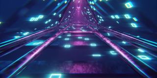 赛博朋克风格，复古，未来主义80年代的设计，3D 4k数字动画，飞行通过发光旋转霓虹三角形创建一个隧道，蓝色红粉色光谱，荧光紫外线，现代彩色照明，可循环4k动画