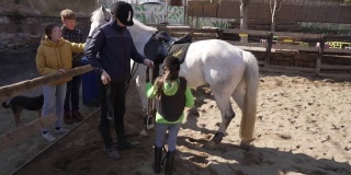 兴奋的游客在动物救援中心，抚摸着白马，而骑师准备骑他