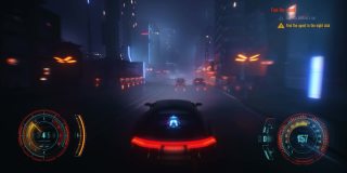 速度赛车假3D视频游戏与HUD。霓虹风格的城市