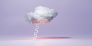 松软的白云，像棉花糖，在紫色孤立的背景。天空的阶梯。观念艺术，创意理念与梦想，成功理念，成长与发展，攀登事业阶梯。