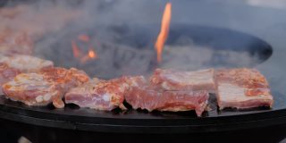 慢镜头:在火盆上用炽热的火焰烹煮肉排的过程-特写
