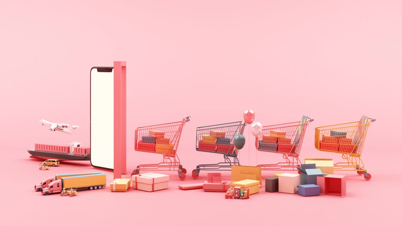 移动电商概念线上订购与购物车和许多盒子在粉红色的背景3d动画循环