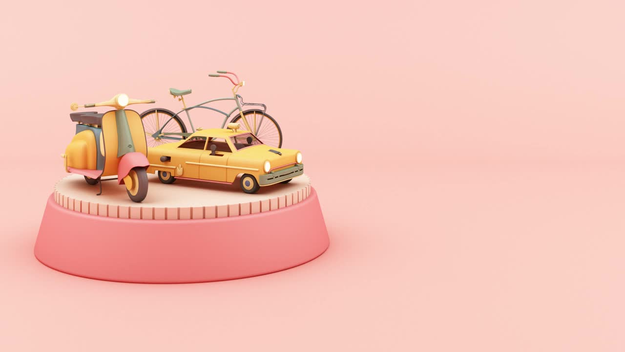 旧汽车在粉红色和旧东西作家无线电机车自行车在彩色蜡笔色调3d动画循环