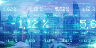 数字世界商业金融和AI数字技术理念，投资利润股票交易所市场价格与商务区中心城市延时背景