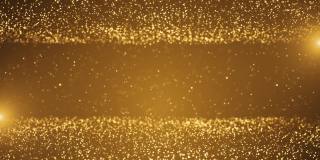 4K美丽的数字黄金粒子波和明亮的背景与闪亮的地板粒子星尘埃耀斑。
