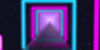 飞行通过发光的旋转霓虹灯方块创建一个隧道，蓝色、红色、粉红色、紫色光谱，荧光紫外线，现代彩色照明，4k循环动画。