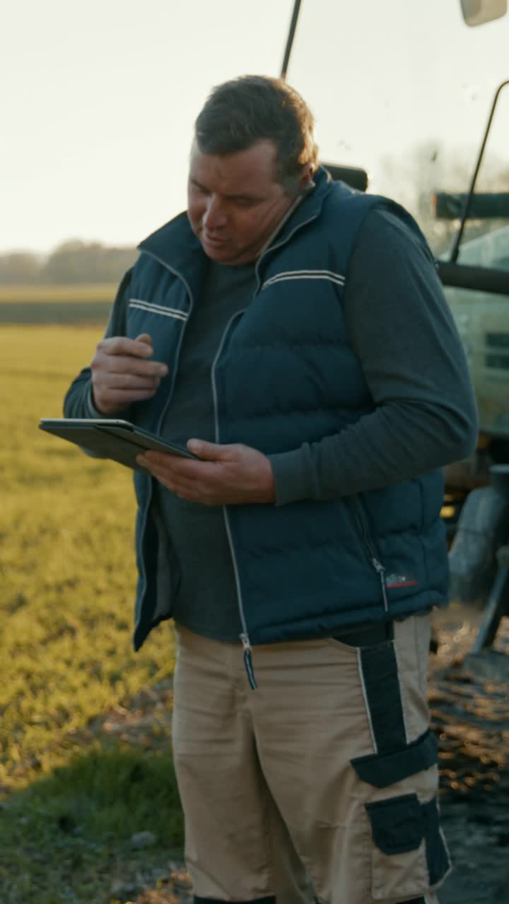 成年农民在田间使用数字平板电脑时打电话