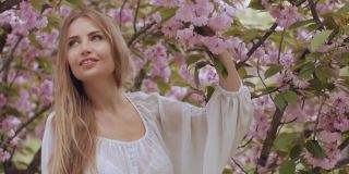 一个女人在自然盛开的樱花树的春天美丽肖像