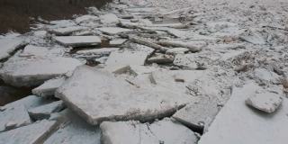 巨大的冰块漂流在拉脱维亚的食人河。空中龙拍摄雪城日。春天这条河上的交通堵塞。一大群移动的冰块