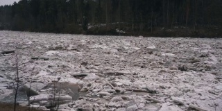 巨大的冰块漂流在拉脱维亚的食人河。Stedicam拍摄于雪城日。春天这条河上的交通堵塞。一大群移动的冰块