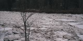 巨大的冰块漂流在拉脱维亚的食人河。Stedicam拍摄于雪城日。春天这条河上的交通堵塞。一大群移动的冰块