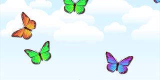 美丽的春天和夏天设计动画与蝴蝶在浅蓝色的天空背景。循环动画素材。五颜六色的蝴蝶飞了起来。