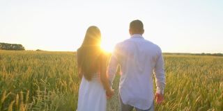 幸福的年轻夫妇手牵着手走过麦田在夏季日落，有乐趣的户外。爱,夏天的时间。男人和女人，幸福的家庭漫步在草地上，大自然，太阳耀斑慢镜头