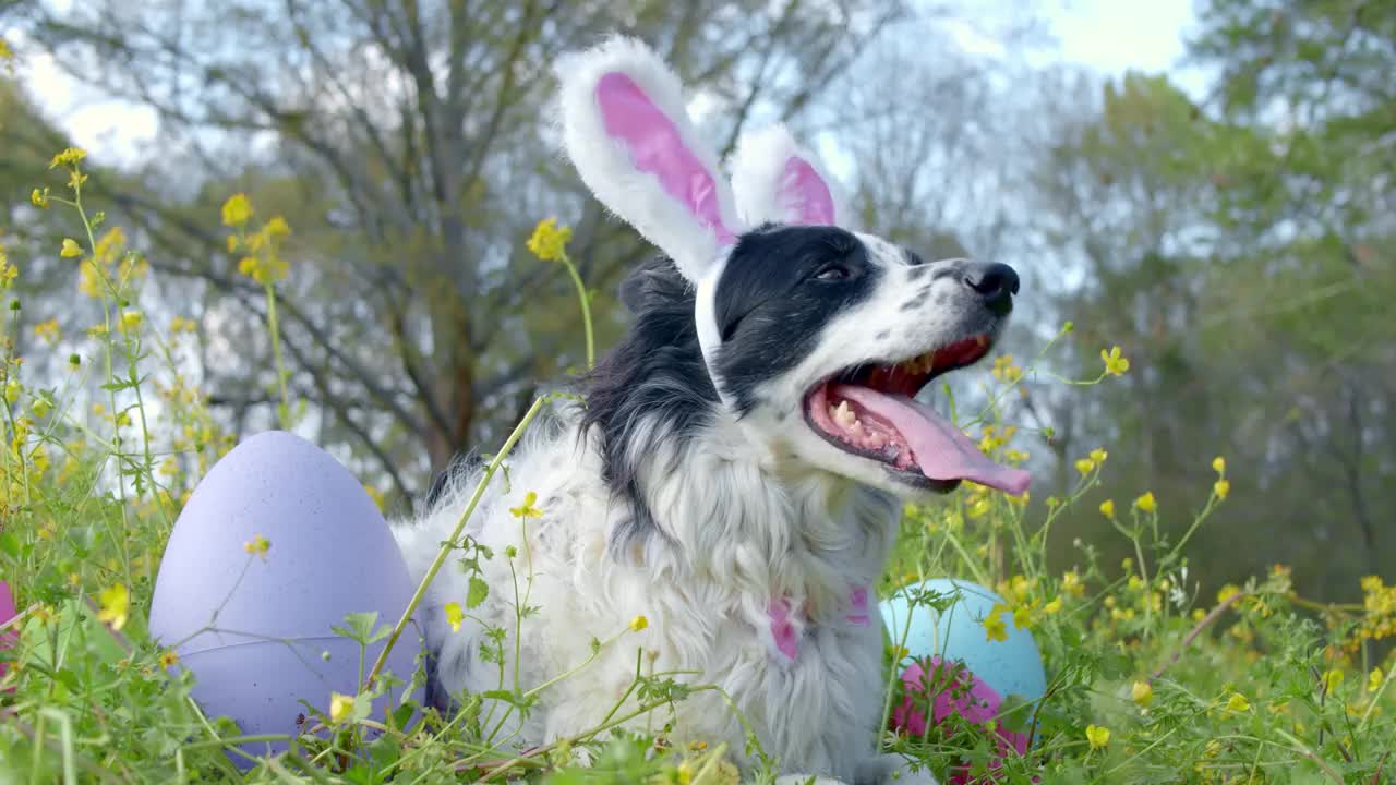 气喘吁吁的边境牧羊犬戴着粉色兔子耳朵复活节。在屋外的草地和鲜花上放着复活节彩蛋。