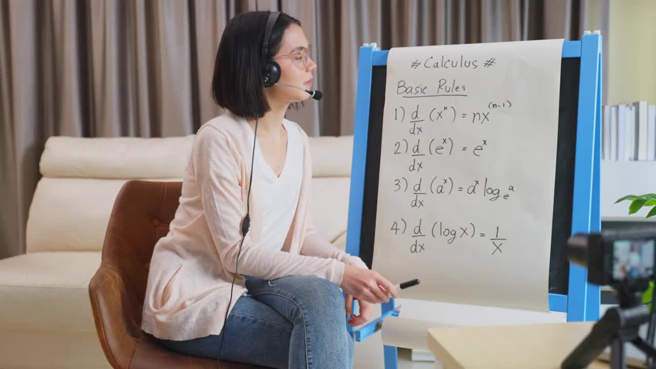 亚洲学校年轻女教师工作在家教在线数学科目从家里学习的学生。女孩指着白板，用耳机说话。2019冠状病毒病大流行期间远程教育班