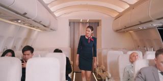 亚洲飞机女乘务员检查完毕在飞机上关闭行李舱，商务舱起飞前。4 k UHD片段。