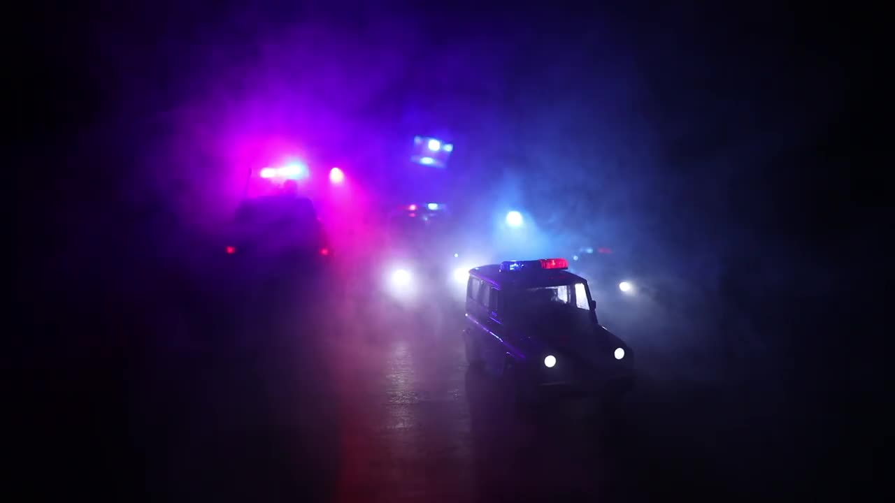 警车在晚上。一辆警车在雾中追赶一辆汽车。911紧急反应警车超速驶往犯罪现场。有选择性的重点