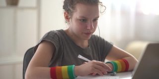 年轻女学生有远程在线课程。女孩用耳机和笔记本聊天，视频通话的概念