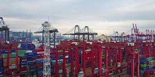香港。2月20日。鸟瞰图巨大的工业港口与集装箱和巨大的船舶。