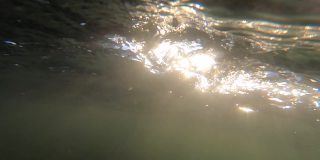 水下的观点。在水面和水中随着太阳光线的移动而快速移动的水