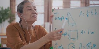活跃的教师高级女教授数学与白板使用笔记本电脑缩放视频通话在家里