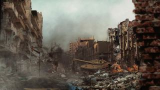 叙利亚坦克在建筑物之间开火。叙利亚街道和叙利亚坦克。火和烟。视频素材模板下载