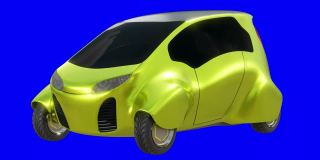 3d运动循环转盘的黄色智能电动汽车城市汽车在蓝色屏幕背景与luma哑光部分。